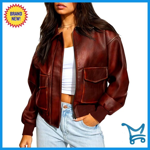 Oversized Faux Leather Bomber Jacket Motorcycle Style Zip Up Outerwear
